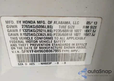2013 Honda Pilot Touring из США, поврежденный, VIN 5FNYF4H96DB067995